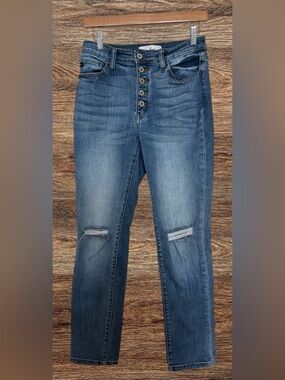 High-Rise Button-Fly Distressed Women’s Jeans - Blue